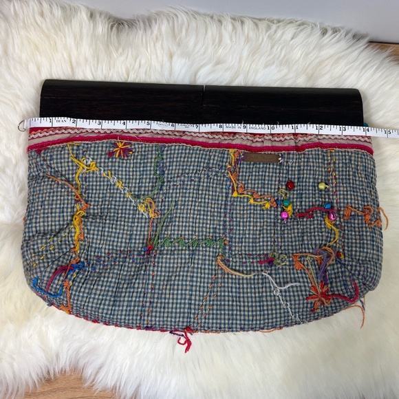 Women's Free People Quilt Embroidered Wood Handle Boho Clutch - Picture 12 of 15